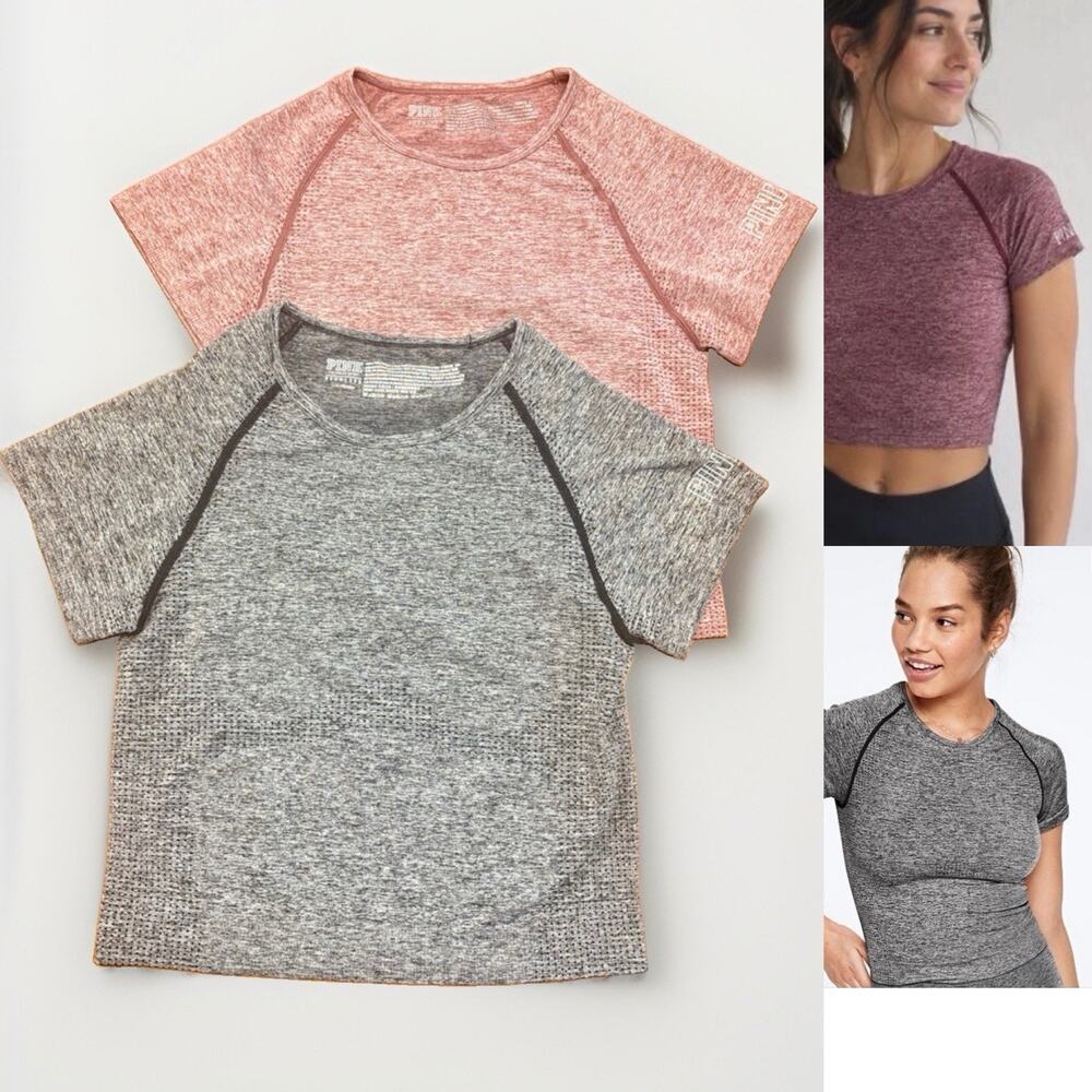 PINK Victoria's Secret Seamless Cropped Tees L Burgundy Grey Crew Neck